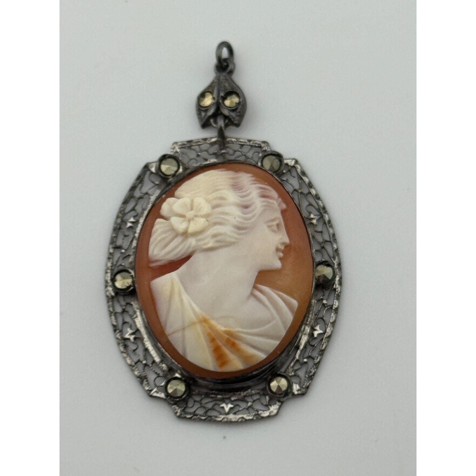 Vintage Art Deco Sterling Silver Filigree Marcasite Carved Shell Cameo Pendant 170$